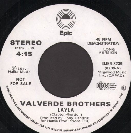 Valverde Brothers - Layla (7", Promo, W/Lbl) (Near Mint (NM or M-))