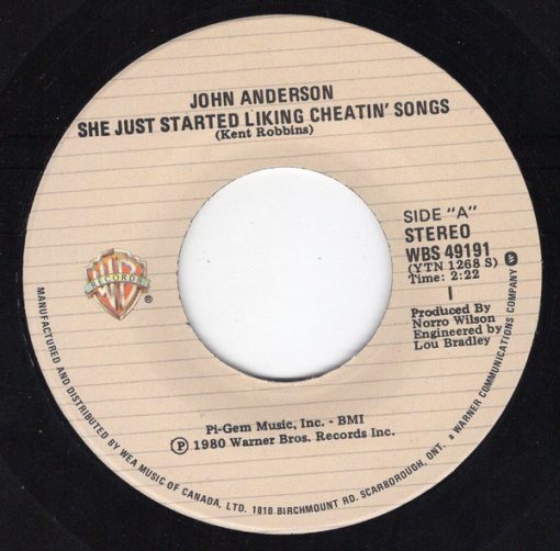 John Anderson (3) - She Just Started Liking Cheatin' Songs (7", Single, Promo) (Near Mint (NM or M-))