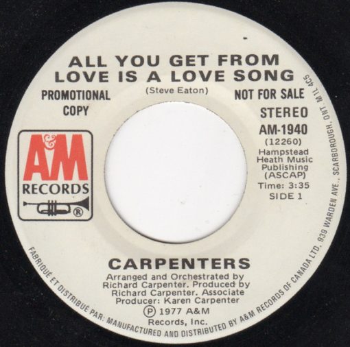 Carpenters - All You Get From Love Is A Love Song (7", Mono, Promo) (Near Mint (NM or M-))