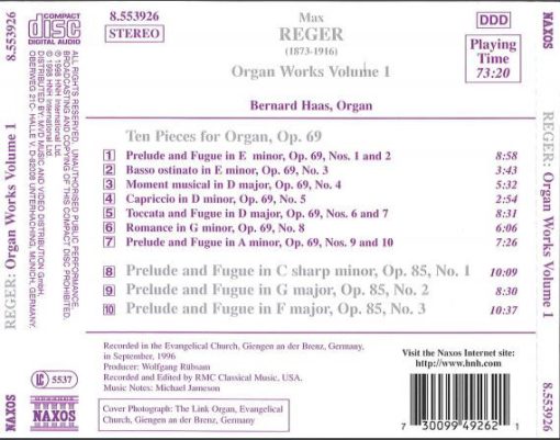 Max Reger, Bernhard Haas - Organ Works Volume 1 - Ten Pieces for Organ, Op. 69 - Prelude And Fugues, Op. 85 (CD, Album) (Near Mint (NM or M-)) - Image 2