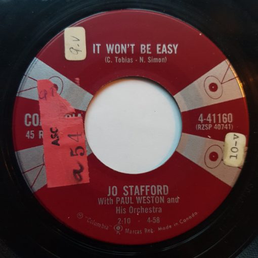 Jo Stafford , With Paul Weston And His Orchestra - It Won't Be Easy / I May Never Pass This Way Again (7", Single) (Very Good Plus (VG+))