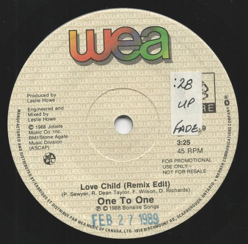 One To One - Love Child (Remix Edit) / Love Child (Album Version) (7", Promo) (Near Mint (NM or M-))