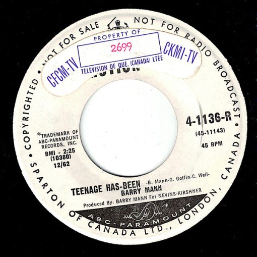 Barry Mann - Teenage Has-Been (7", Single, Promo) (Near Mint (NM or M-))