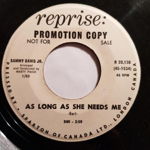 Sammy Davis Jr. - As Long As She Needs Me (7", Promo) (Very Good Plus (VG+))