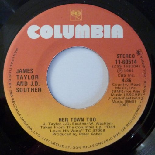 James Taylor (2) And John David Souther - Her Town Too (7", Single) (Near Mint (NM or M-))