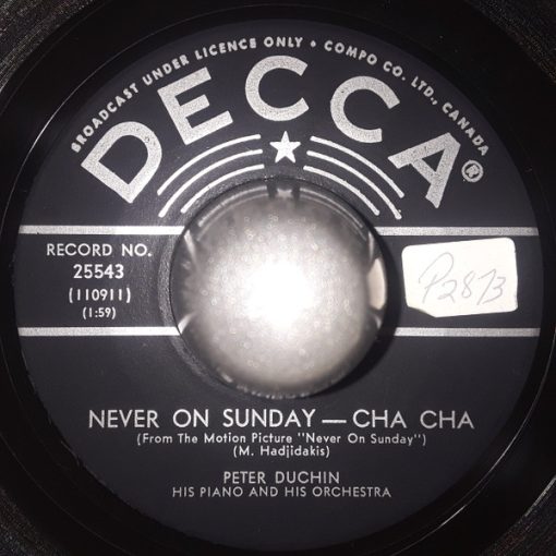 Peter Duchin And His Orchestra - Never On Sunday - Cha Cha / Clair De Lune (7", Single) (Very Good Plus (VG+))