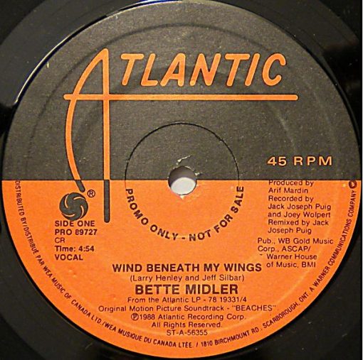 Bette Midler - Wind Beneath My Wings (7", Single, Promo, Sol) (Near Mint (NM or M-))