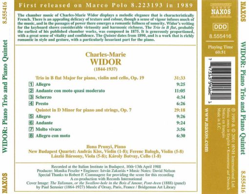 Charles-Marie Widor, Ilona Prunyi, New Budapest Quartet - Piano Trio / Piano Quintet (CD, Album, RE) (Near Mint (NM or M-)) - Image 2