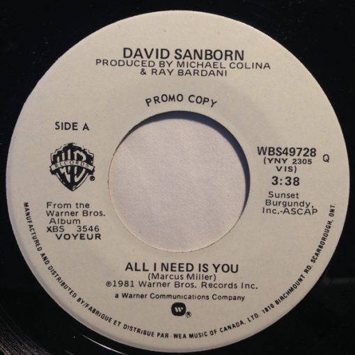 David Sanborn - All I Need Is You (7", Single, Promo) (Near Mint (NM or M-))